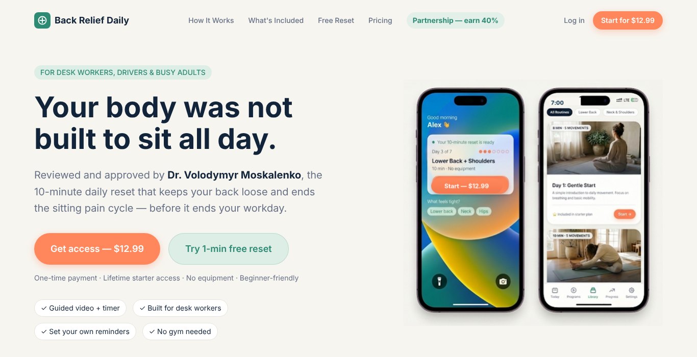 Back Relief Daily website — a web app with guided daily routines