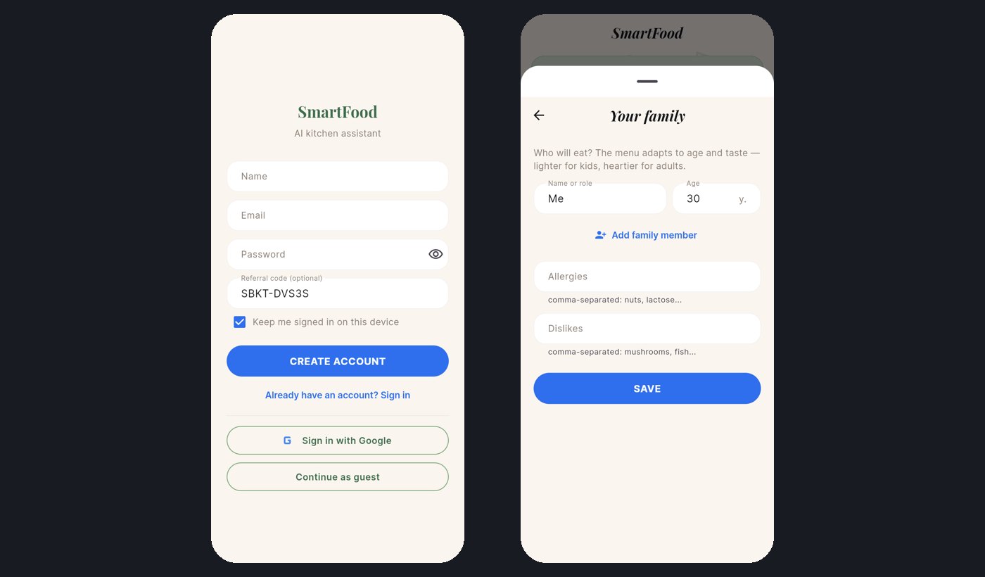 SmartFood AI kitchen assistant app — sign-up and family profile screens
