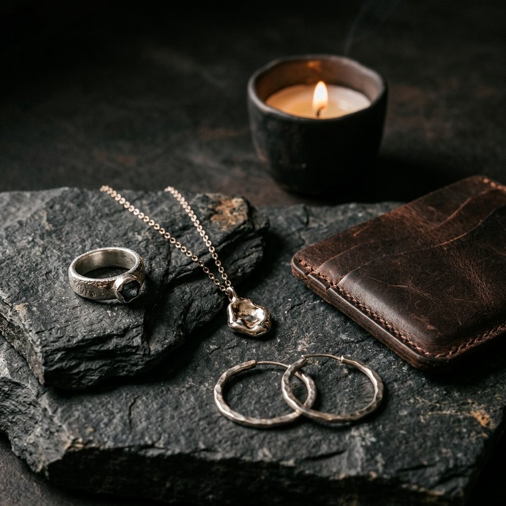 Handmade silver ring, necklace, hoop earrings and leather card holder on dark slate with a candle