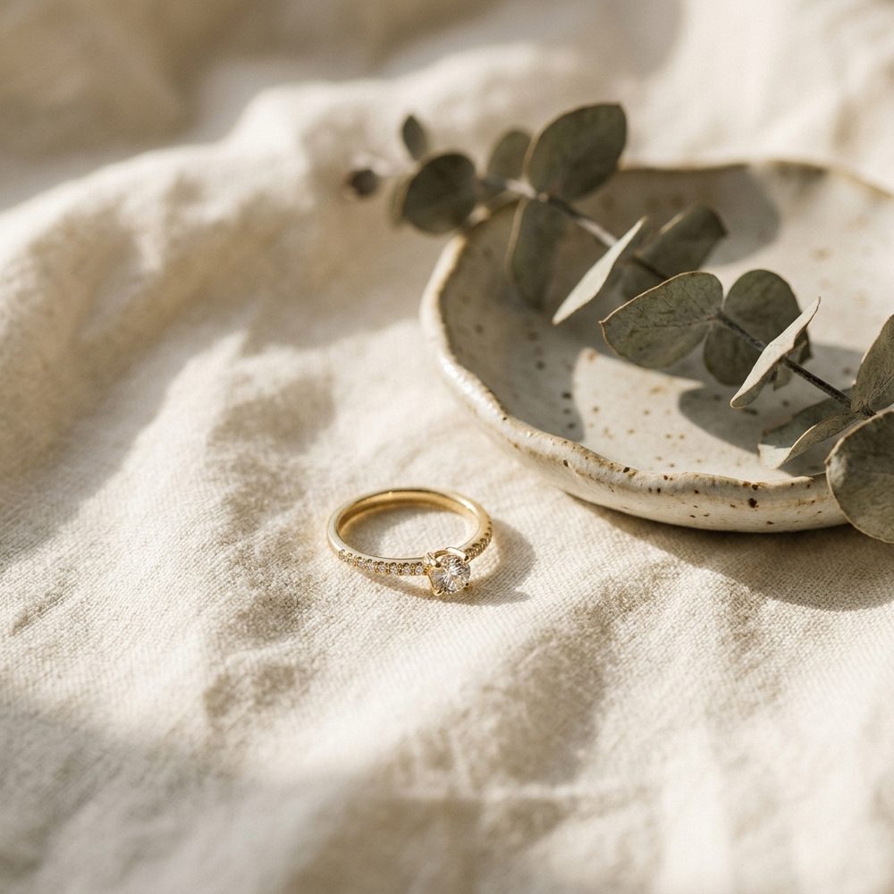 Gold ring on linen next to a ceramic dish with eucalyptus