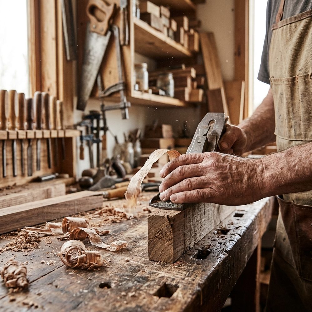 Craftsman planing a block of wood in a workshop