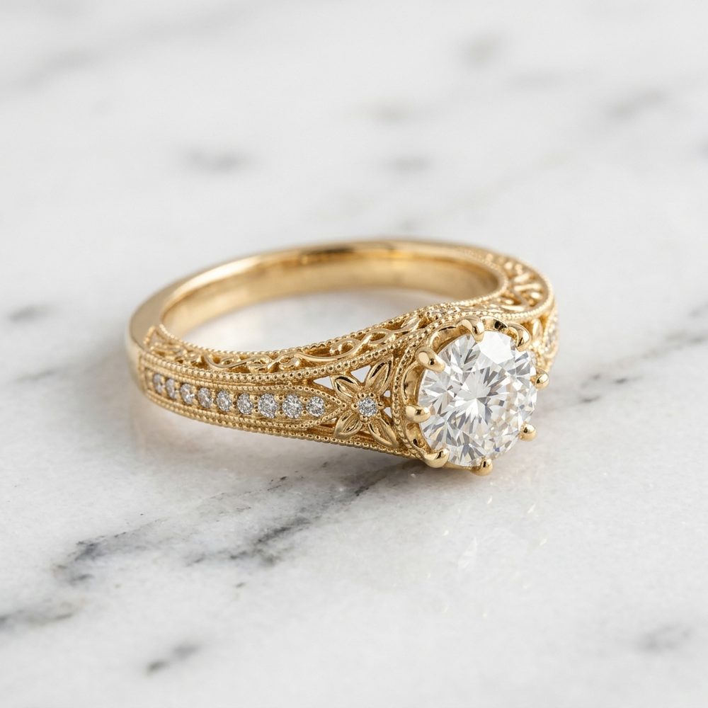 Gold filigree ring with a round stone on white marble