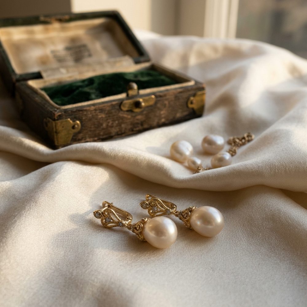 Gold and pearl drop earrings on cream fabric beside an antique box