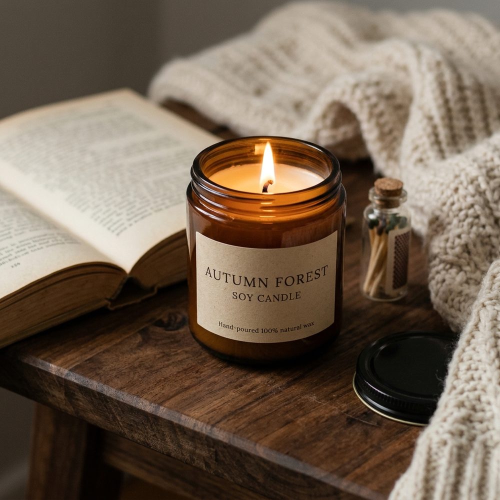 Amber soy candle on a wooden stool with a book and knit throw
