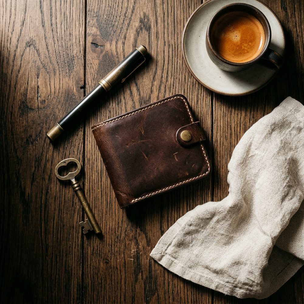 Brown leather wallet flat lay with pen, key and espresso