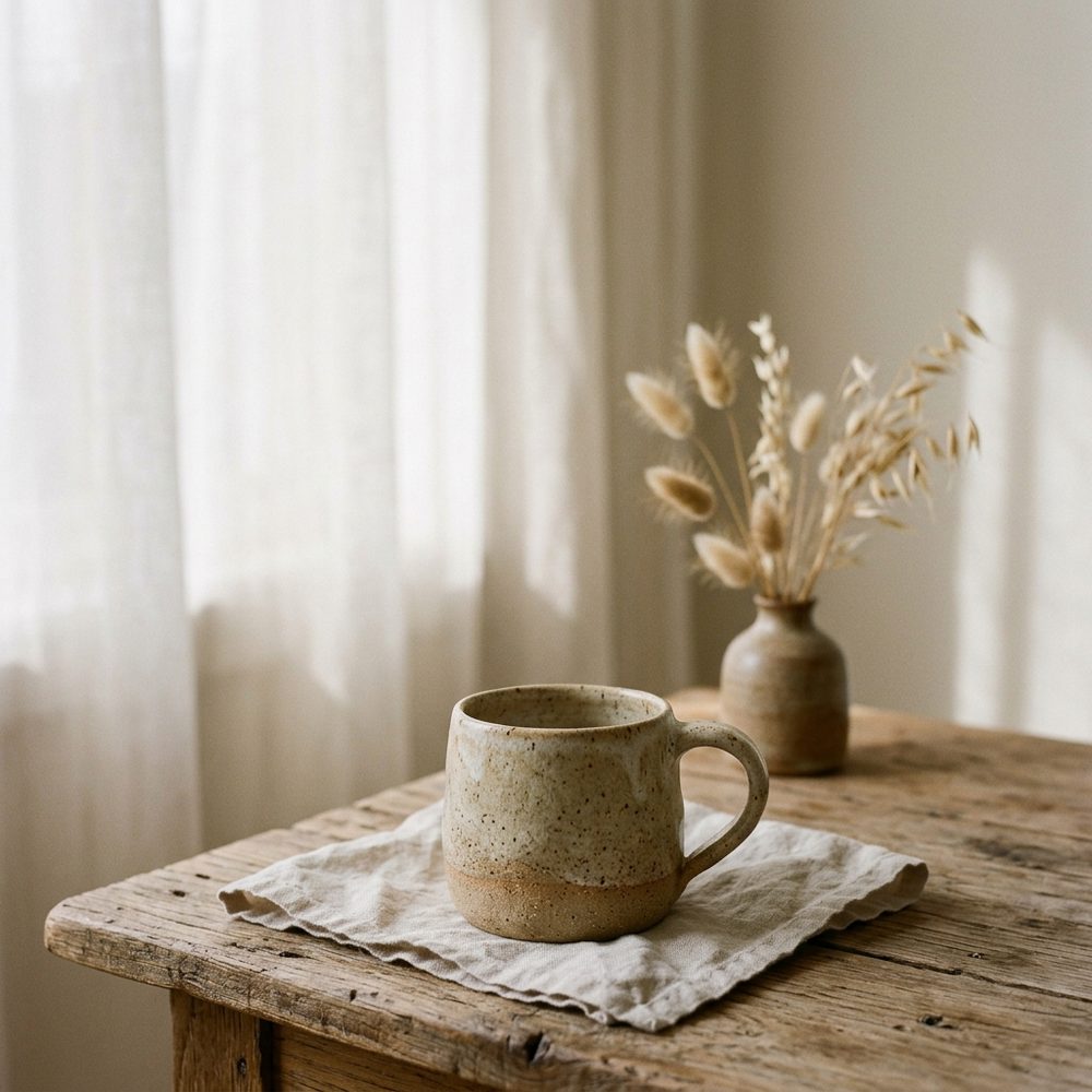 Speckled handmade ceramic mug on a rustic table