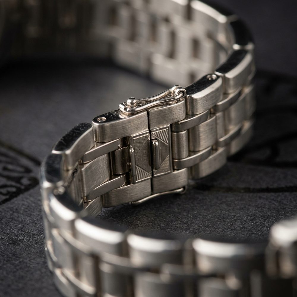Macro of a steel bracelet clasp