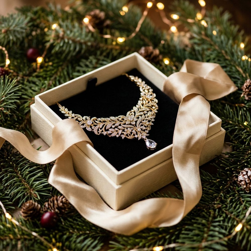 Gold necklace in a gift box on pine branches with lights